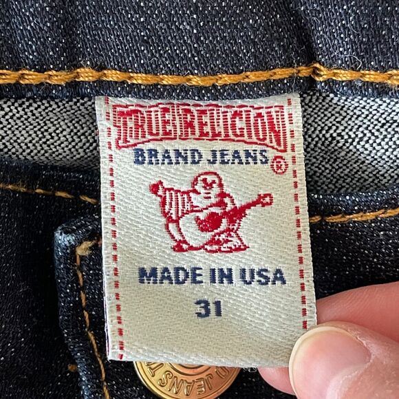 True Religion Blue Dark Wash Metallic Painted Horseshoe Flap Pockets Jeans Sz 31 - Picture 10 of 13